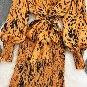 Retro Sweet V Neck Slim Lace -up Print Autumn Summer Elegant Elastic Dress A-line Long Sleeve Vacation Women Mermaid Dresses