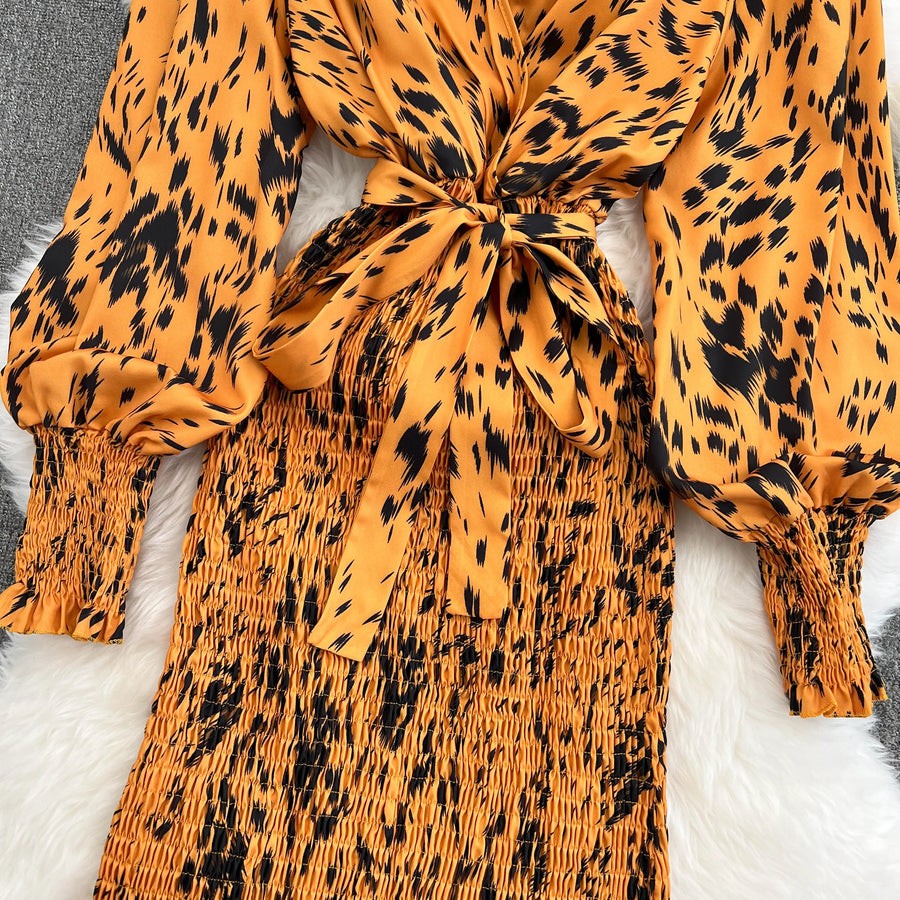 Retro Sweet V Neck Slim Lace -up Print Autumn Summer Elegant Elastic Dress A-line Long Sleeve Vacation Women Mermaid Dresses
