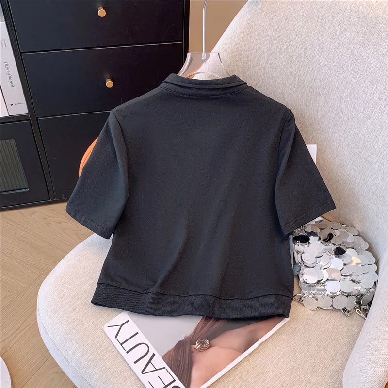 Summer New Stitched Zipper T-shirt top Female Set Elegant Women's Jeans Casual Blouse Two Piece Set Ladies Tracksuits big