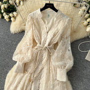 High-end vintage elegant V-neck long-sleeved dress