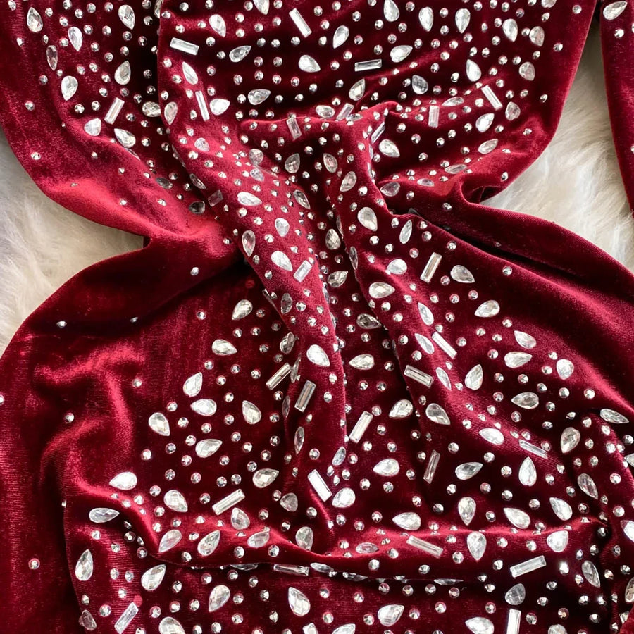 High Quality O Neck Long Sleeve Bodycon Sexy Rhinestones Velvet Vintage Elegant Dresses