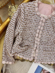 Autumn Winter Office Women Mixed Color Fit Sets Golden Silk O Neck Two Piece Set Tweed Jacket Slim Half Skirt Set Elegant Lady
