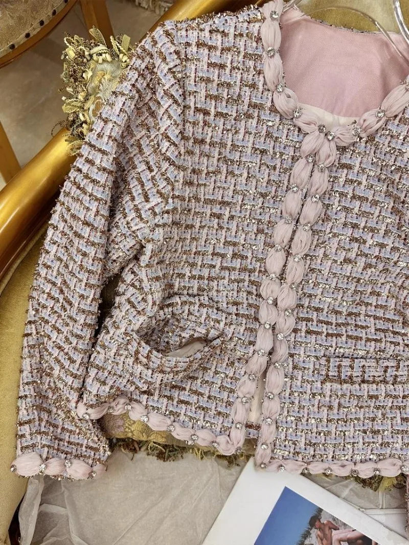 Autumn Winter Office Women Mixed Color Fit Sets Golden Silk O Neck Two Piece Set Tweed Jacket Slim Half Skirt Set Elegant Lady