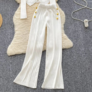 Two Piece Sets Elegant Long Sleeve Button Top + Elastic Long Pants