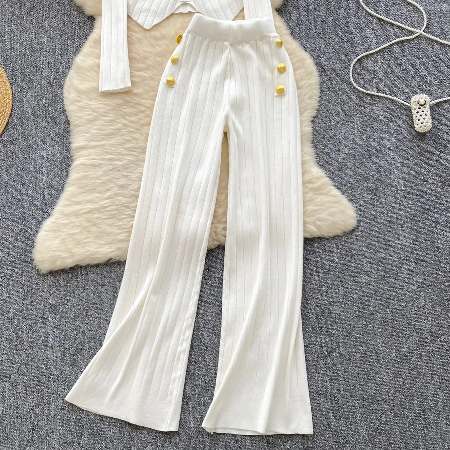 Two Piece Sets Elegant Long Sleeve Button Top + Elastic Long Pants