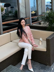 Spring New Women Slim Fit Spliced Tweed Jacket French Style Office Lady Work Outwear Coat O Neck Pockets Crystal Buttons Jacket