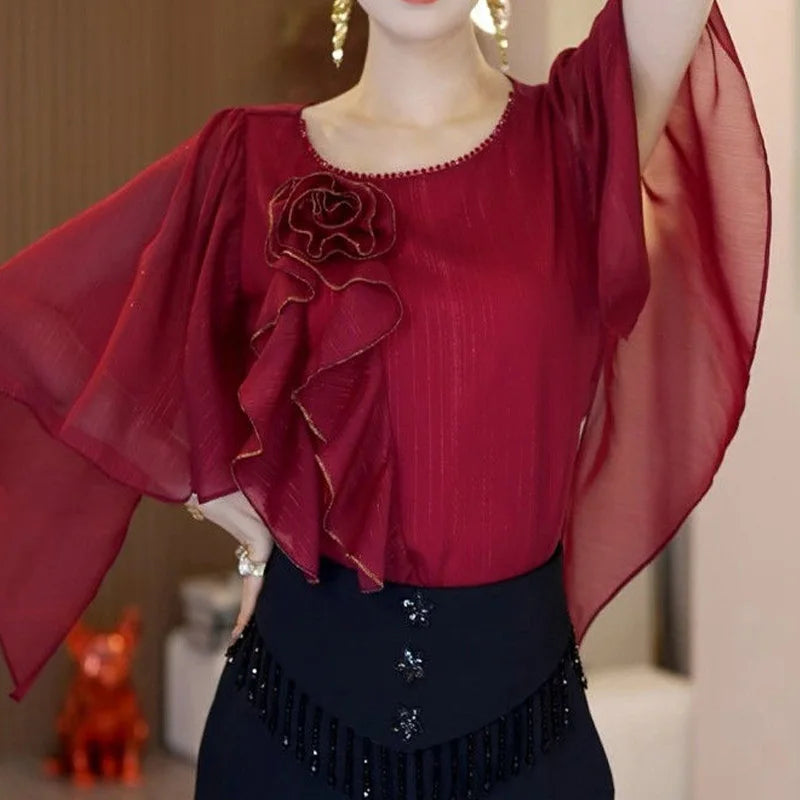 High Quality Round Neck Solid Color Short Sleeve Yarn Tops