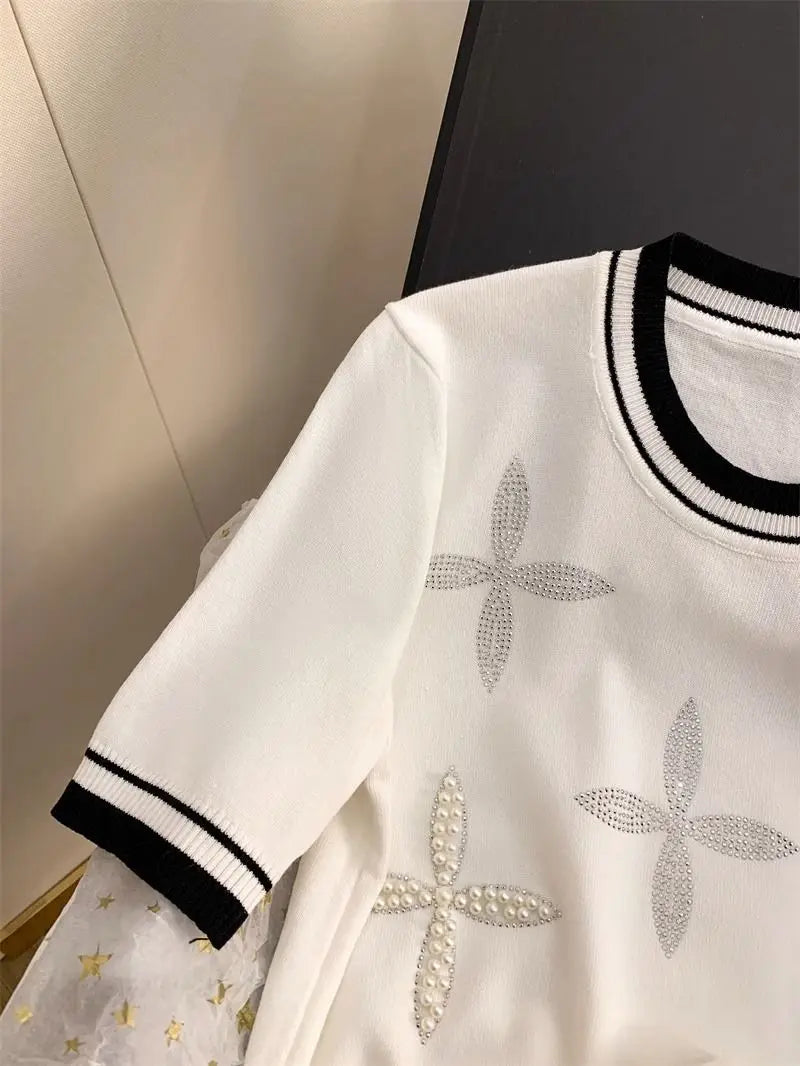 Patchwork Short Sleeve Round Neck Beaded Knitted T-shirt