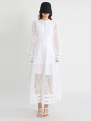 Vintage dresses round neck, flare sleeve, high waist, hollow out patchwork, high quality embroidery