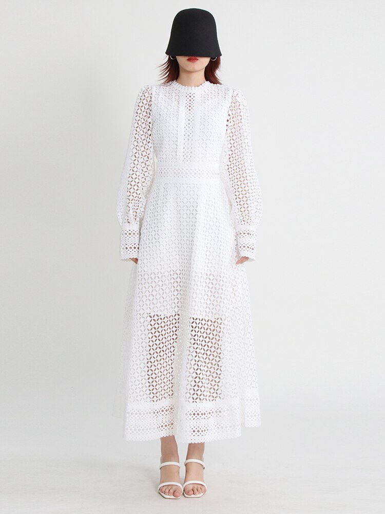Vintage dresses round neck, flare sleeve, high waist, hollow out patchwork, high quality embroidery