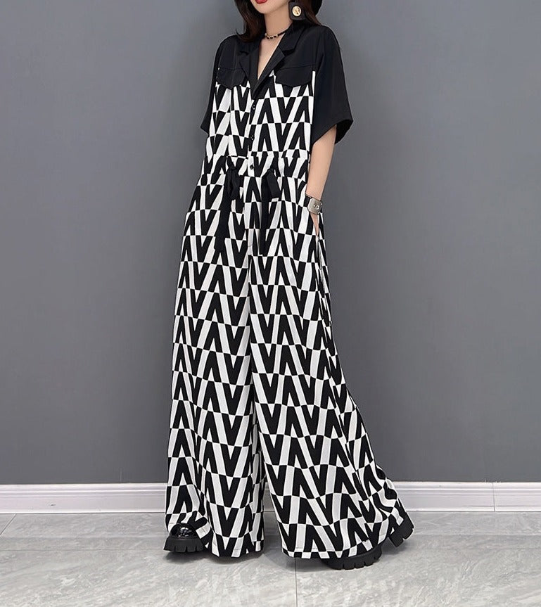High Quality Wide Leg Print Short Sleeve Jumpsuit