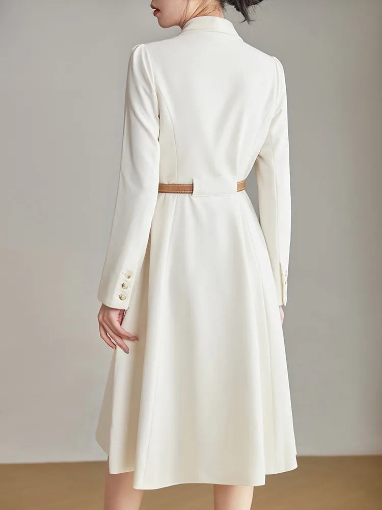 Elegant white high-end long-sleeved double-breasted high-quality dress