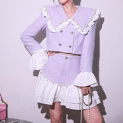 Fashion Sweet Office Lady Pearl Jacket Sets Double Breasted Ruffles Spliced Coat Outfits Light Purple Mini Skirt Two-Piece Set