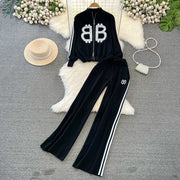 Two-piece set, high-neck sweater with zipper and high-quality wide-leg pants