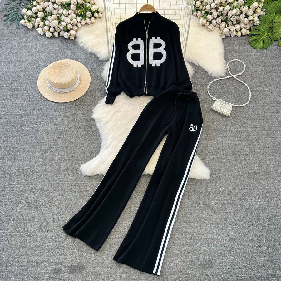 Two-piece set, high-neck sweater with zipper and high-quality wide-leg pants