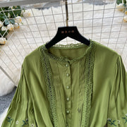 Vintage elegant dress with patchwork embroidery, lace ruffles, high-quality flared sleeves