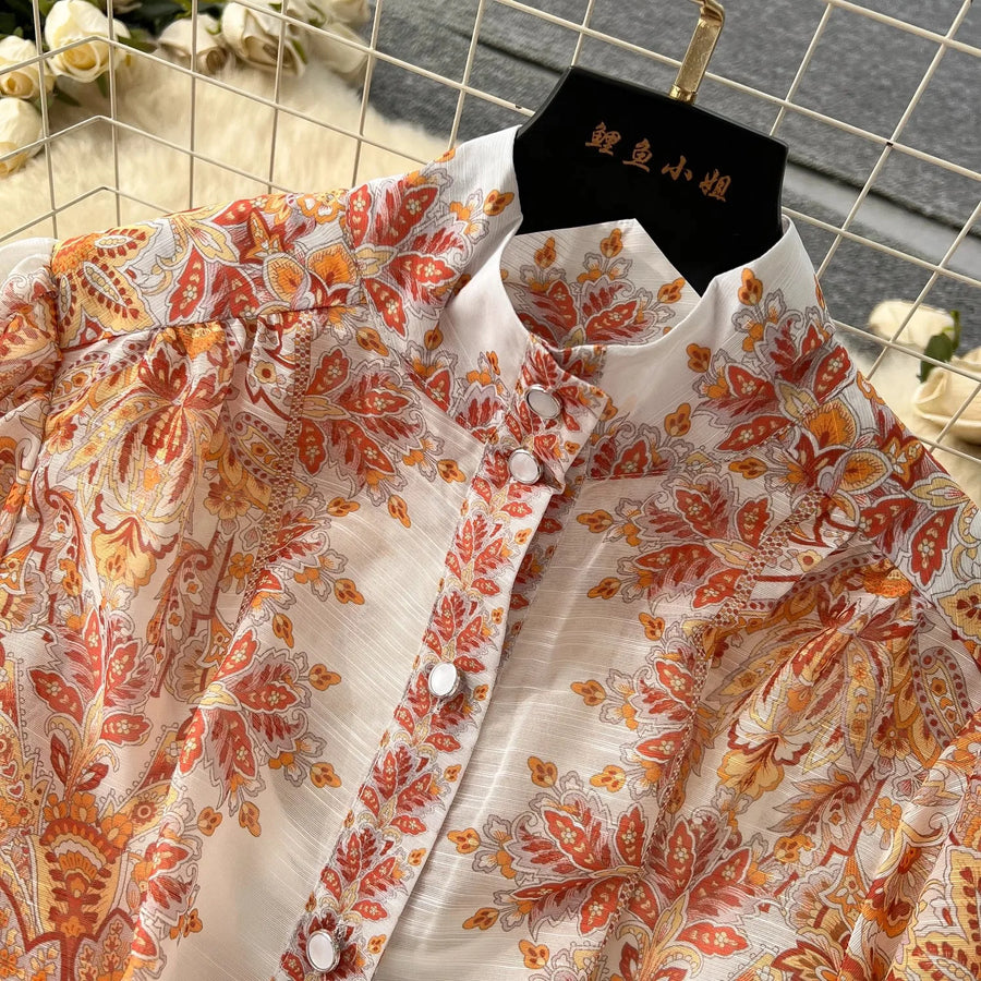 Retro bohemian paisley print dress with long lantern sleeves and high quality belt