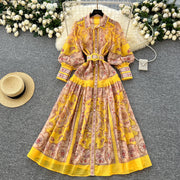 High quality French vintage style elegant button print maxi dress
