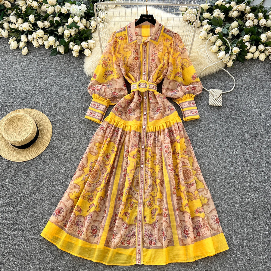 High quality French vintage style elegant button print maxi dress