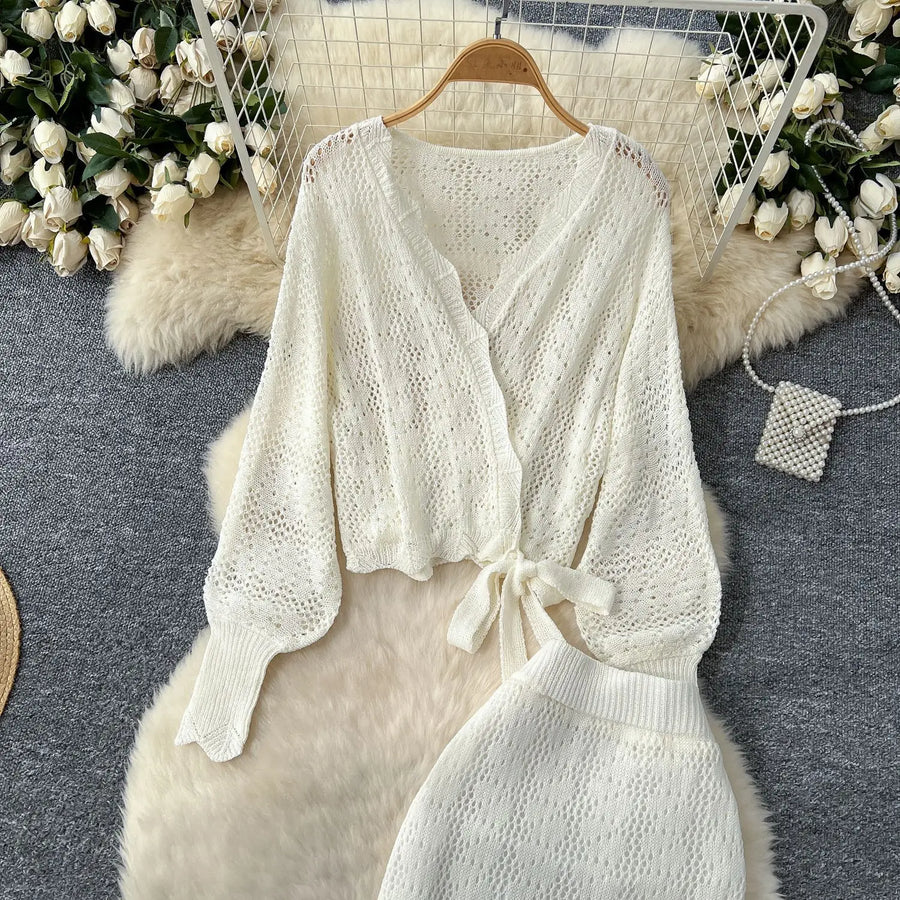 Two Piece Sets Women Skirt Set Full Sleeve Tops Long Skirts A Line High Waist  Streetwear Hollow Out Knit Work Autumn