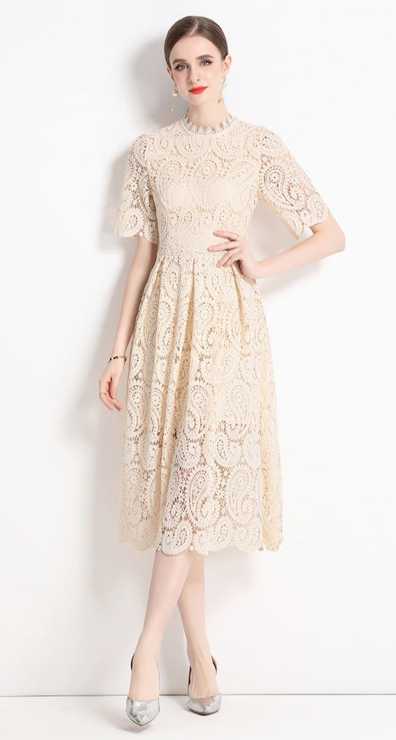 High Quality Hollow Out Short Sleeve Vintage Solid Midi Length Embroidery Lace Elegant Dresses