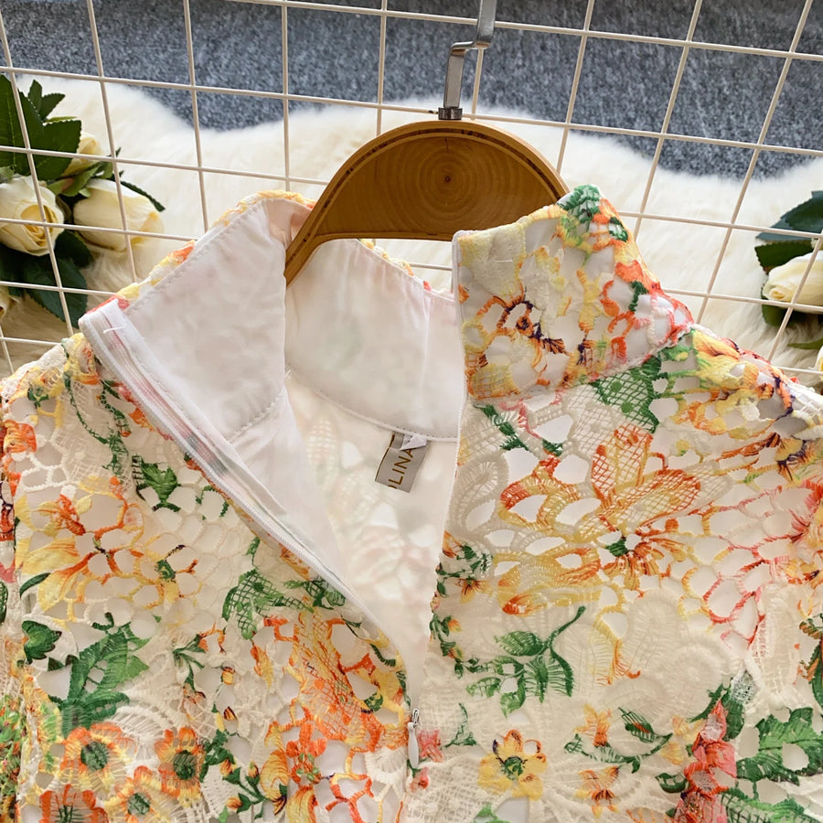 Elegant French style short dress with high quality vintage floral print