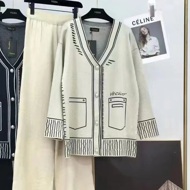 Autumn Winter Small Fragrance Knitted Two Piece Set Women Cardigan Coat + Pant Suits Fashion Casual Tracksuit 2 Piece Pant Sets