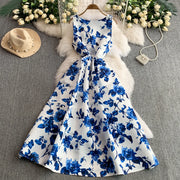 Fashion Elegant Print Sleeveless Dress Women 2026 Summer New Slim Waist Gown Ball Big Swing Robe Fresh Temperament Vestidos