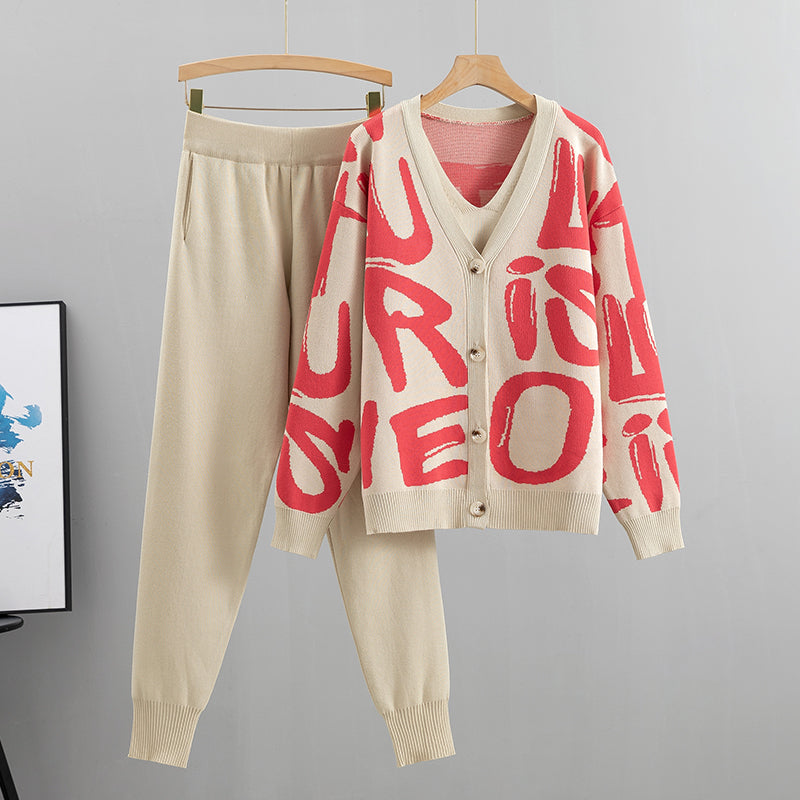 High quality cardigans V-neck sweater + vest + pencil pants three-piece set