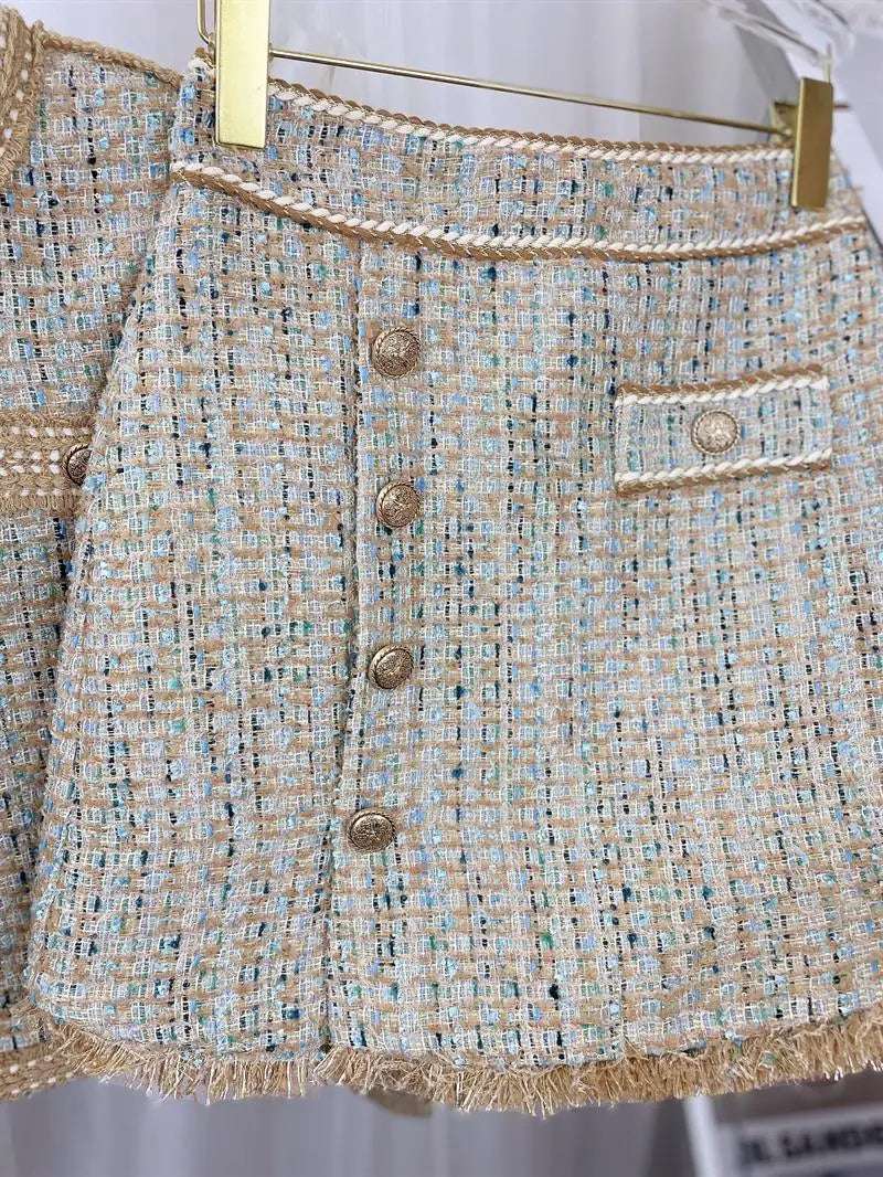Women Winter Elegant Vintage Tweed Fragrant Suit Jacke Coat Top And Skirt Two Piece Set Outfit Jacquard Formal Party Clothing