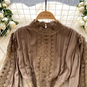 Elegant French vintage style high neck long sleeve evening dress with high quality lace openwork and splicing