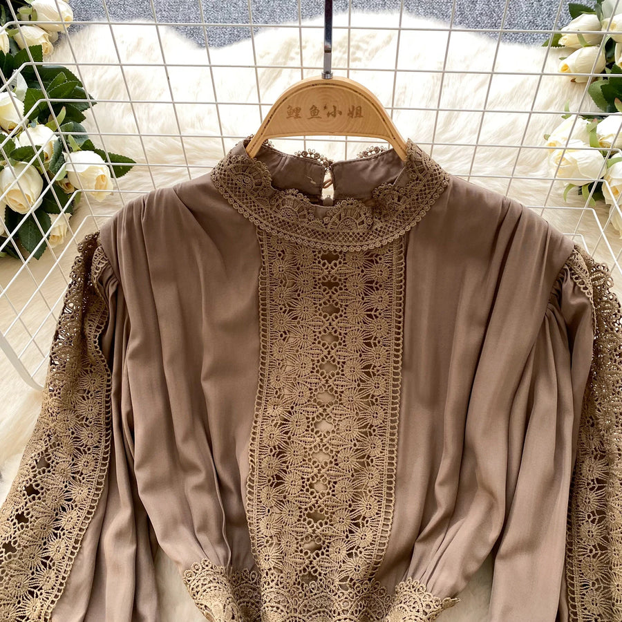 Elegant French vintage style high neck long sleeve evening dress with high quality lace openwork and splicing
