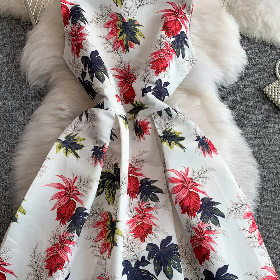Fashion Elegant Print Sleeveless Dress Women 2026 Summer New Slim Waist Gown Ball Big Swing Robe Fresh Temperament Vestidos