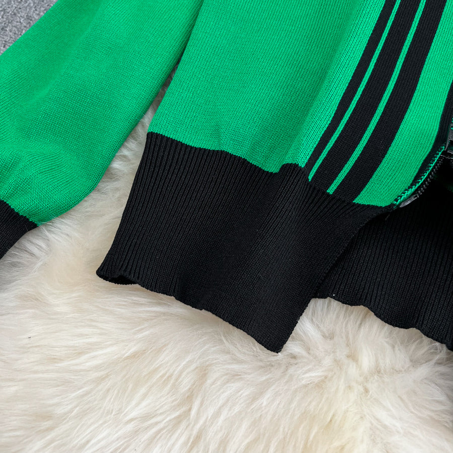 Two Piece Set Stripe Zipper Cardigan + High Quality Harem Pants
