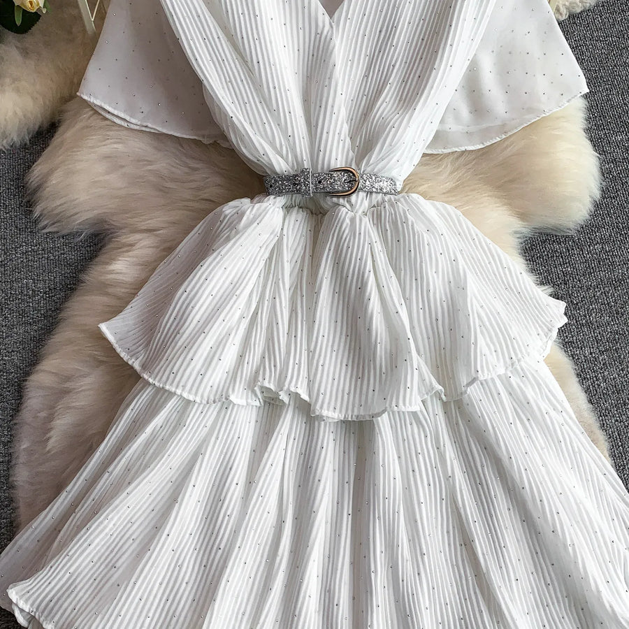Women Long Dress Cake Dresses A Line Vestidos  Streetwear V Neck Short Sleeve Elegant Party Work Slim Fit Casual Summer