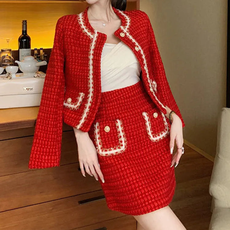 Autumn Winter Fashion Plaid Red Tweed Two Piece Set Women Pearls Single Breasted Fringed Woolen Jackets Coat + Pocket Mini Skirt