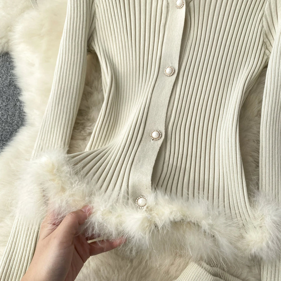 Basic Sets V-Neck Button-Down Knitted Blouse + High Quality Elastic Waist Bodycon Skirt