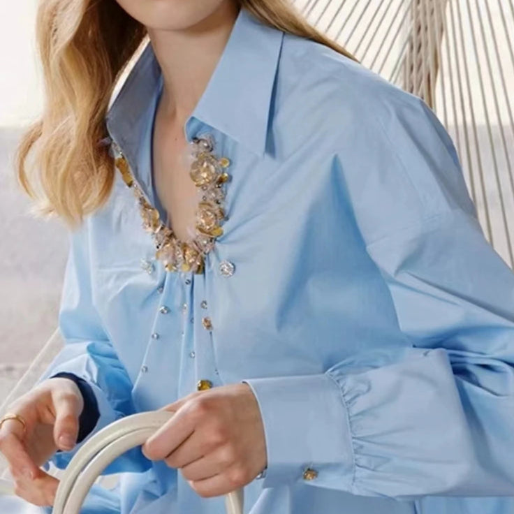 High Quality Sequin Stitch Cotton Elegant Casual Shirt