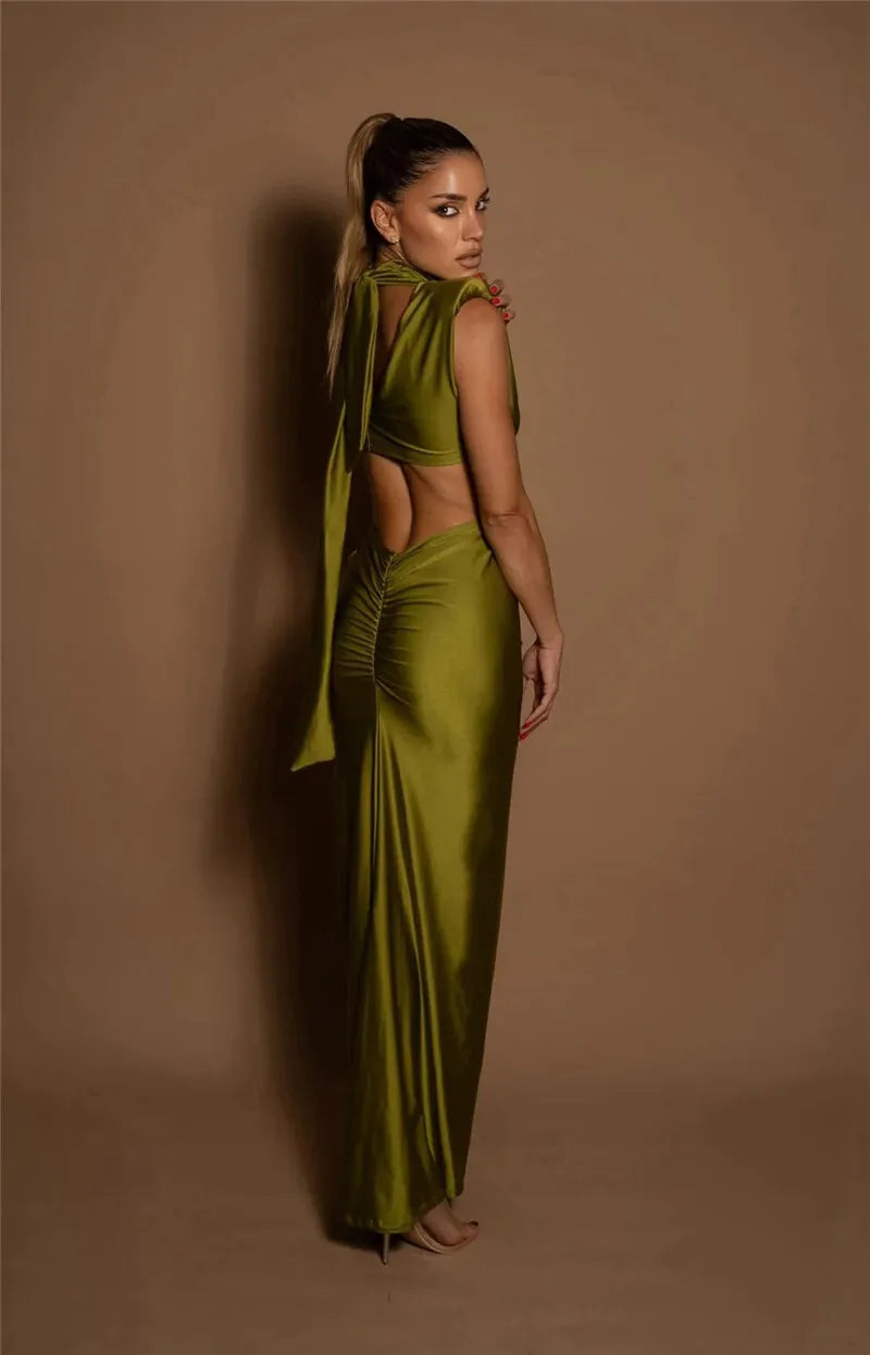 High Quality Plain Sleeveless Bodycon Hollow Out Turtleneck Sexy Long Dress