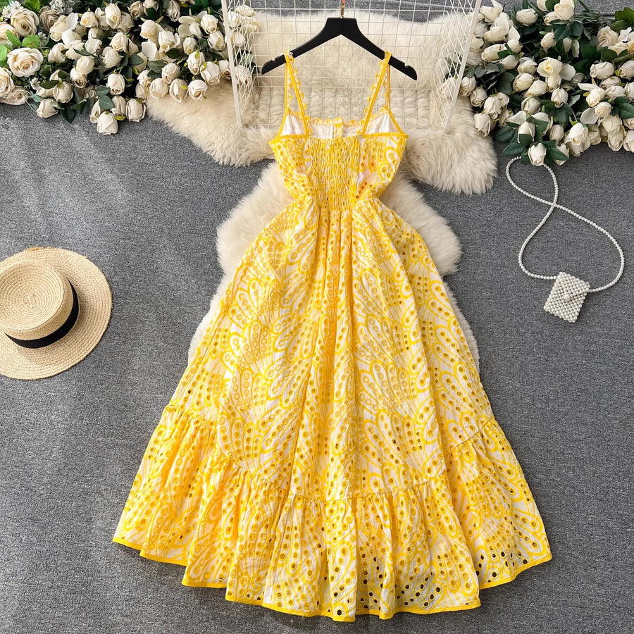 Quality Spaghetti Straps Ruffles Backless Sexy Hollow Out Embroidery Dress