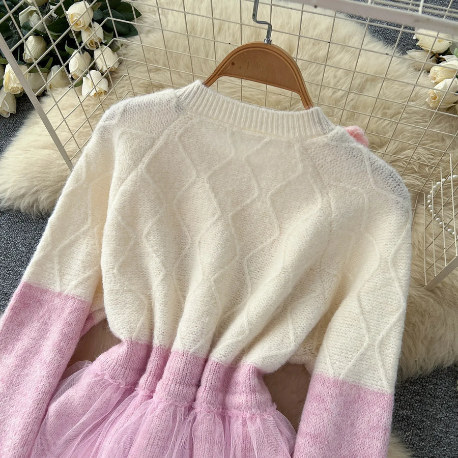 Elegant Knit Patchwork Two Pieces Sets Chic Vintage Cardigan High Waist Mesh Mermaid Skirt Casual Vacation Sets