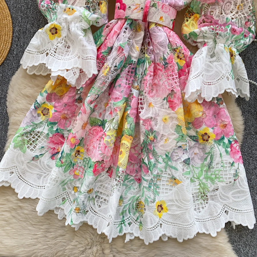 Elegant French style evening dress with high quality floral print