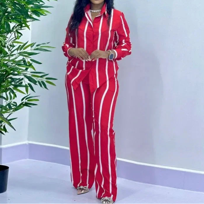 High Quality Striped Long Sleeve Button Wide Leg Pants Two Piece Set