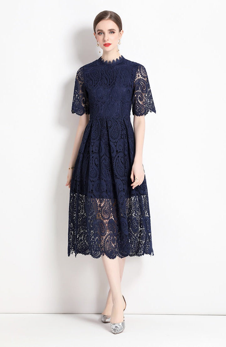 High Quality Hollow Out Short Sleeve Vintage Solid Midi Length Embroidery Lace Elegant Dresses