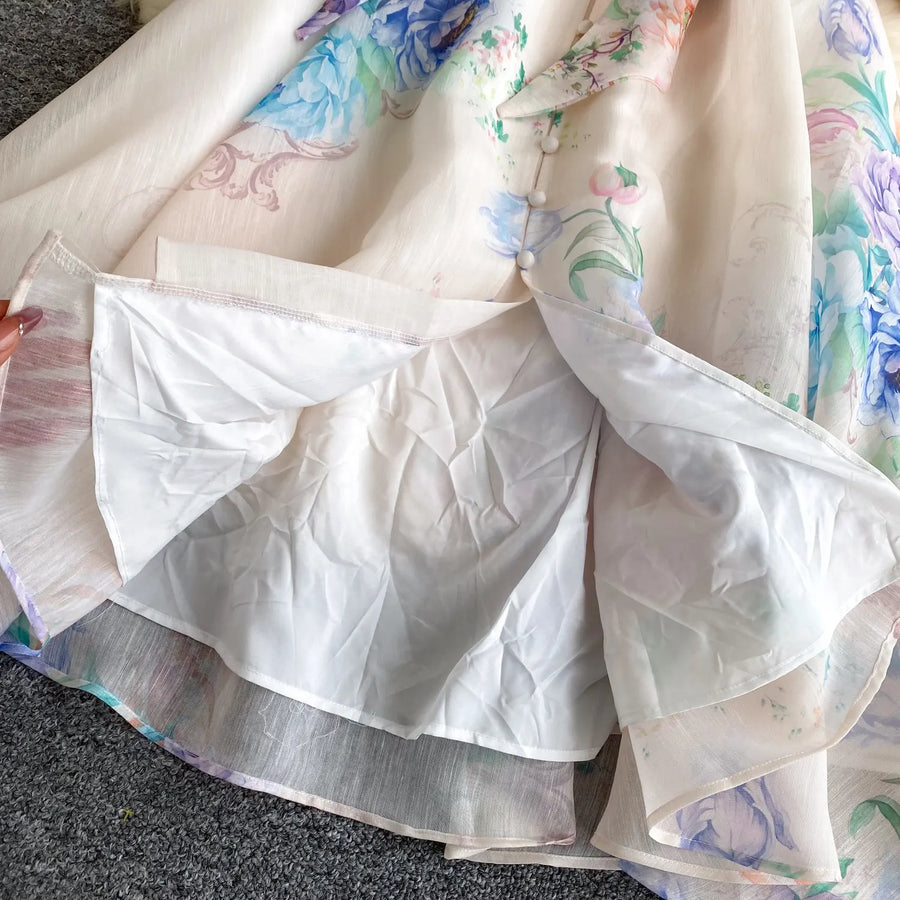 Lace Chiffon Floral Dress Maxi A-line Lantern Sleeve V Neck Spring Women Retro French Fairycore Elegant Vacation Dress