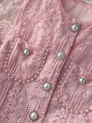 Small Embroidery Flower Two Piece Set Short Sleeve Pearl Button Pocket Lace Mesh Crop Top + Midi Skirt Suit High Quality