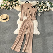 Senior Knitted Suits Fashion Metal Button Vest+V Neck Long Sleeves Cardigans+Wide Legs Pants Stripe Three Pieces Sets