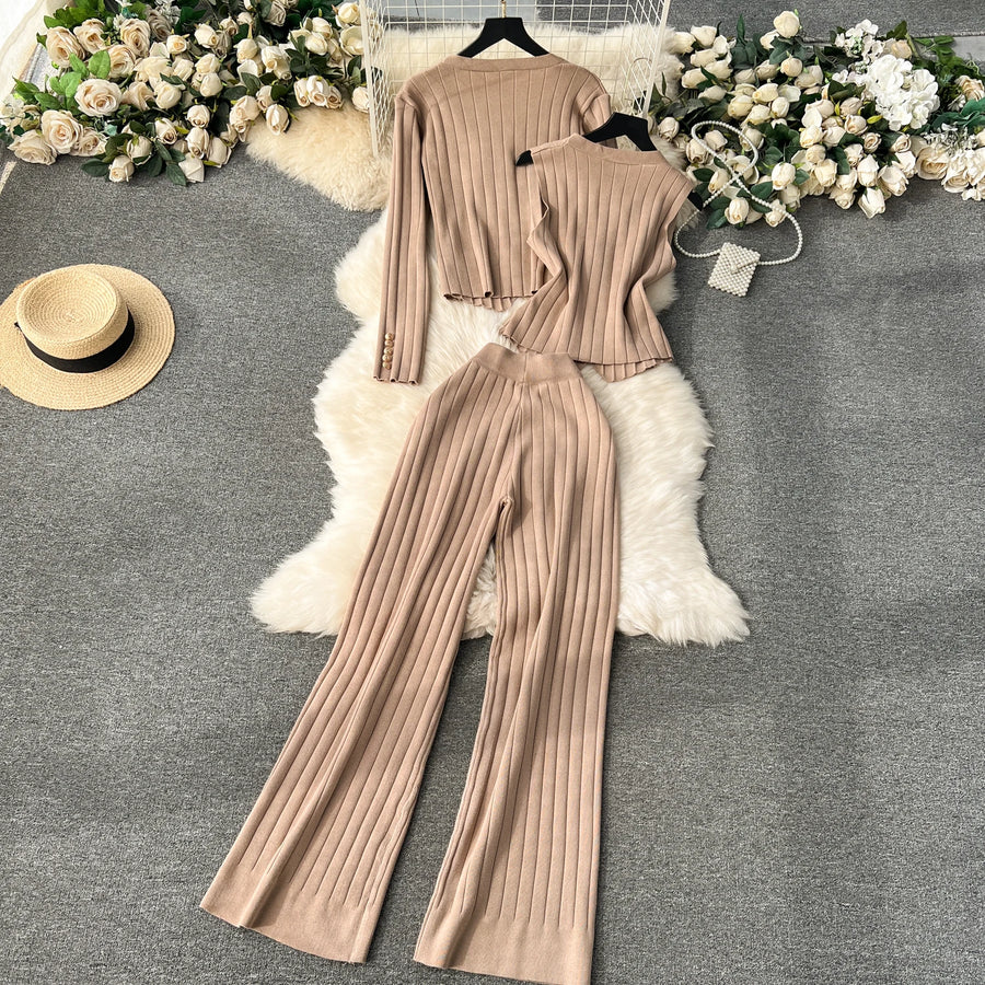 Senior Knitted Suits Fashion Metal Button Vest+V Neck Long Sleeves Cardigans+Wide Legs Pants Stripe Three Pieces Sets