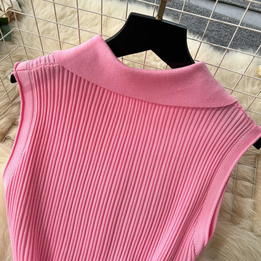 Ribbed Knit Dress Sleeveless Lapel Belt French Ins Chic Spring Summer Celebrity Style Feminine A-line Long Dress