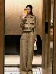 Casual Ladies Work Tweed Multi Pockets Single Breasted Long Sleeves Coat Two Piece Set Elegant Female Straight Long Pant Sets